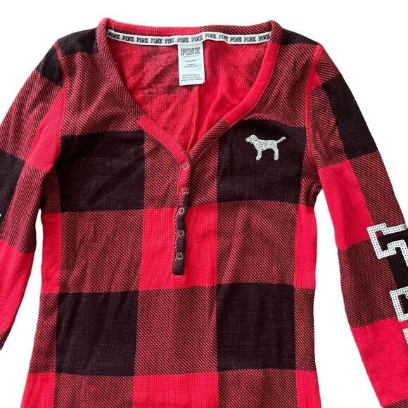 VS PINK Thermal Onesie Loungewear Buffalo Plaid Sequin Red Black Size Medium - Picture 2 of 7